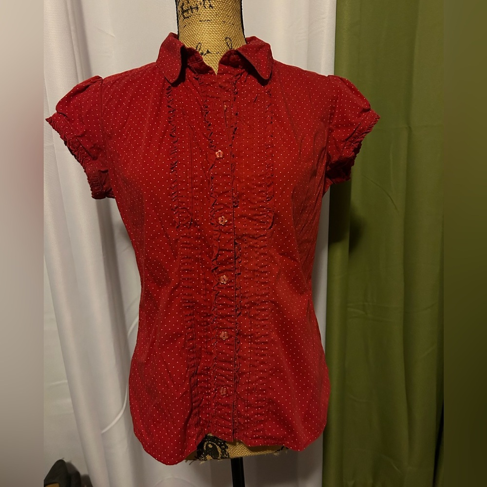 Elegant Red with White polka dots Button Down Women's Shirt